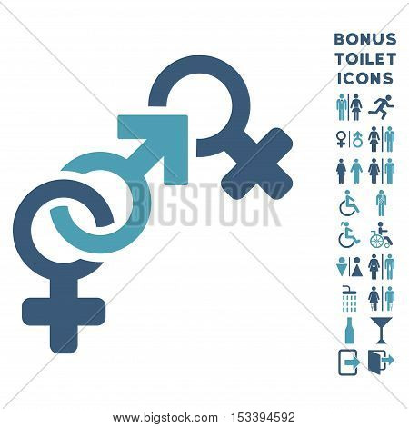 Faith Breach icon and bonus man and woman lavatory symbols. Vector illustration style is flat iconic bicolor symbols, cyan and blue colors, white background.