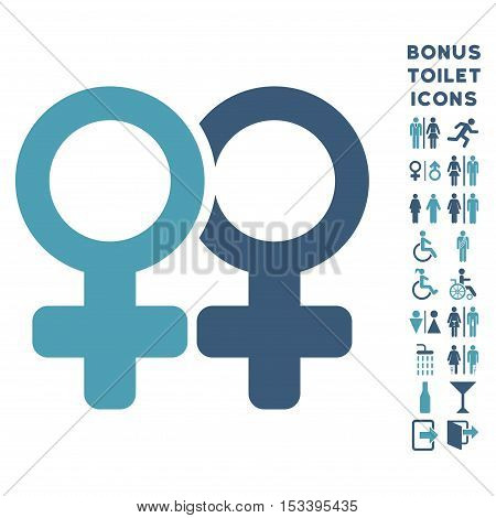 Lesbi Pair icon and bonus male and female WC symbols. Vector illustration style is flat iconic bicolor symbols, cyan and blue colors, white background.