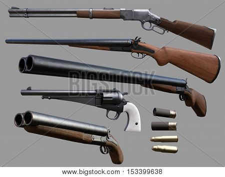 Cowboy rifles, shotguns and a revolver 3D illustration