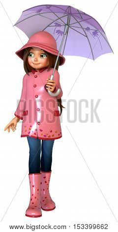 Cute girl with raincoat and umbrella 3D illustration