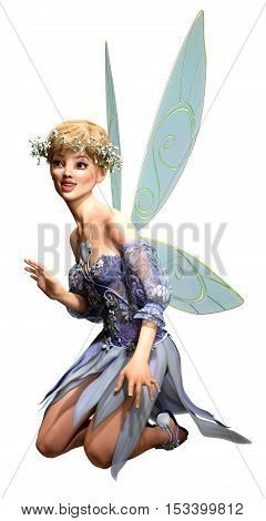 Fairy in blue sitting down 3D illustration