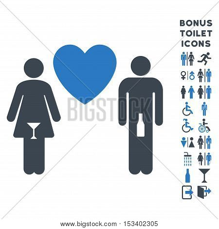 Drunky Love Pair icon and bonus male and female toilet symbols. Vector illustration style is flat iconic bicolor symbols, smooth blue colors, white background.