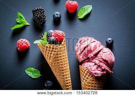 Fresh Ice Cream With Berry Fruits In Waffels