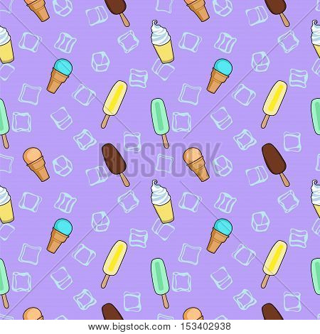 Ice cream lilac textile print food seamless pattern. Ice cream and ice cubes cold blue pattern. Ice cream illustration.