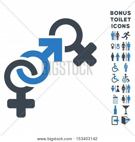 Faith Breach icon and bonus gentleman and woman WC symbols. Vector illustration style is flat iconic bicolor symbols, smooth blue colors, white background.