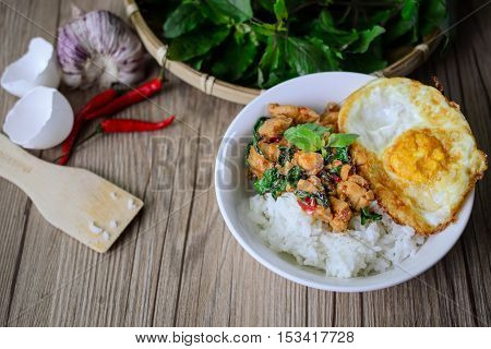 Kapro Gai Kai Dao, Stir Fried Basil Cicken on wooden Thai Famous Food Thai Street Food Thai Cuisine Thai Spicy Food