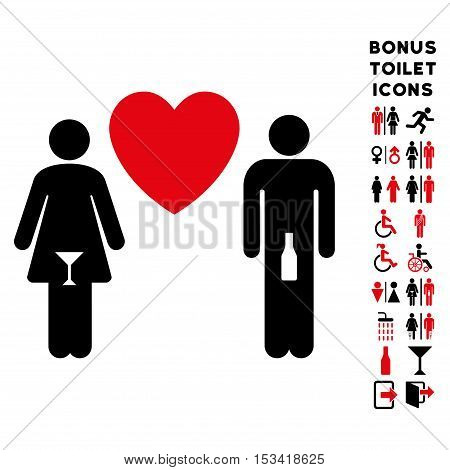 Drunky Love Pair icon and bonus man and female toilet symbols. Vector illustration style is flat iconic bicolor symbols, intensive red and black colors, white background.