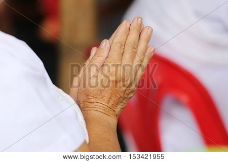 Hand of old people of asian pay respect to the Buddha and Thai monkconcept of faith and good deeds.