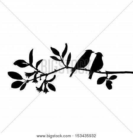 vector silhouettes of birds at tree, hand drawn waxwings at branch, Valentine symbol, a pair of lovers, isolated vector element