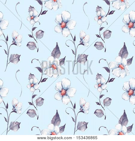 White flowers. Watercolor floral pattern. Seamless hand drawn background 7