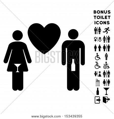 Drunky Love Pair icon and bonus man and lady restroom symbols. Vector illustration style is flat iconic symbols, black color, white background.