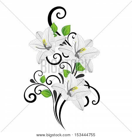 Beautiful hand-drawing floral background with green leaves and flowers lily. Vector illustration.