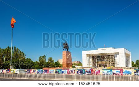 Bishkek, Kyrgyzstan - August 11, 2016: View of Ala-Too Square, the central square of Bishkek. The square was built in 1984 to celebrate the 60th anniversary of the Kyrgyz SSR