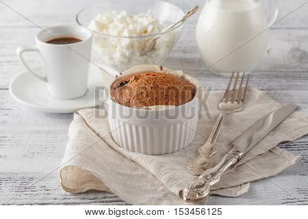 Homemade Sponge Cake With Dried Cranberries And Cup Of Coffee.selective Focus On The Sponge Cake