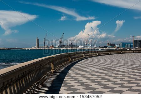 Livorno' s Mascagni Terrace Shipyard and Cranes in Background Tuscany - Italy