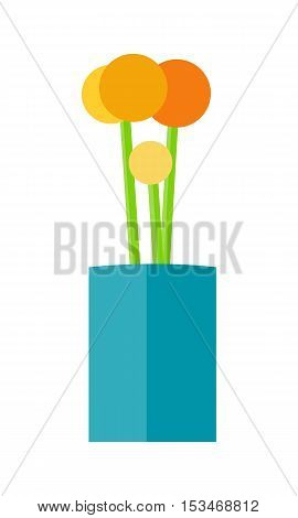 Flower in pot icon. Orange flower in blue pot. Flower icon. Design element for home and office interior. Isolated object on white background. Vector illustration.