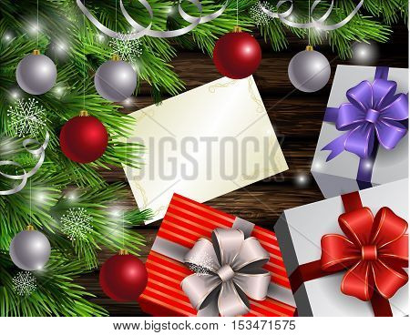 Christmas New Year designt dark wooden background with christmas tree and silver and red balls and wish list with gift boxes