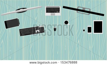 flat top view of wooden table with equipment as home workplace designers or stockers