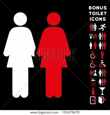 Lesbian Couple icon and bonus gentleman and woman lavatory symbols. Vector illustration style is flat iconic bicolor symbols, red and white colors, black background.