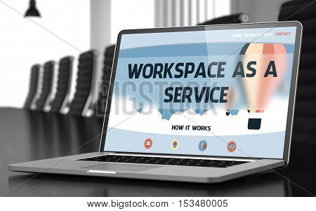 Closeup Workspace As A Service Concept on Landing Page of Laptop Screen in Modern Conference Room. Toned Image. Selective Focus. 3D Illustration.