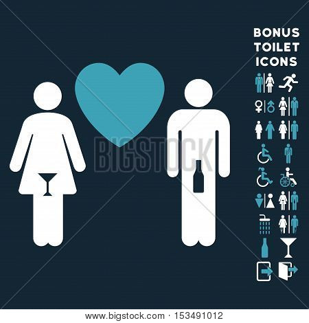 Drunky Love Pair icon and bonus man and female toilet symbols. Vector illustration style is flat iconic bicolor symbols, blue and white colors, dark blue background.