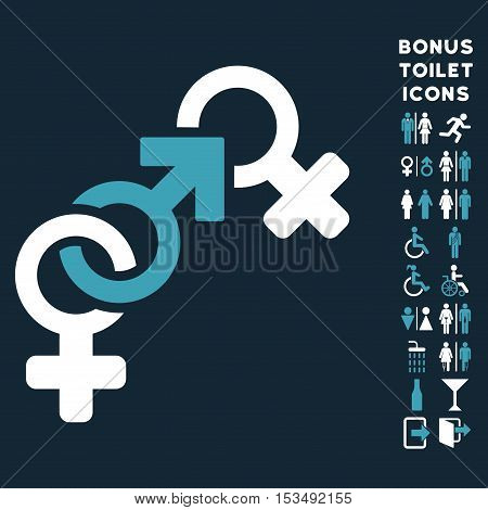 Faith Breach icon and bonus male and lady WC symbols. Vector illustration style is flat iconic bicolor symbols, blue and white colors, dark blue background.
