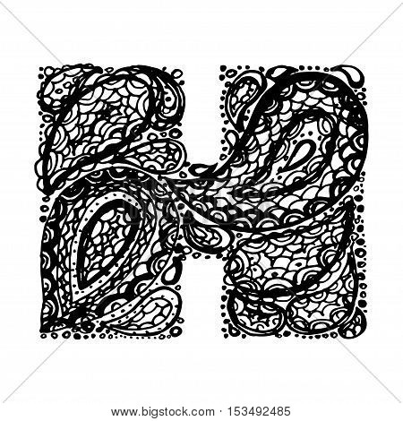 Letter H. Decorative Alphabet with a paisley zen doodle tattoo ornaments filling. Display font and numbers. Hand drawn letters in vintage style. Used for quote lettering.