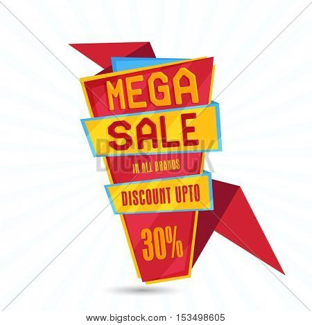 Mega Sale Paper Tag or Banner with Discount Upto 30% Off in All Brands, Vector illustration.