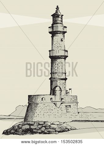 Lighthouse in Chania Crete hand drawn illustration