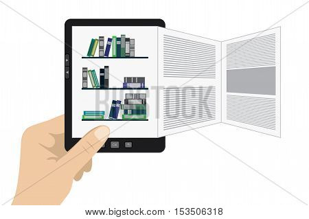 Hand holding portable modern tablet e-book reader with different pages.stock vector illustration.