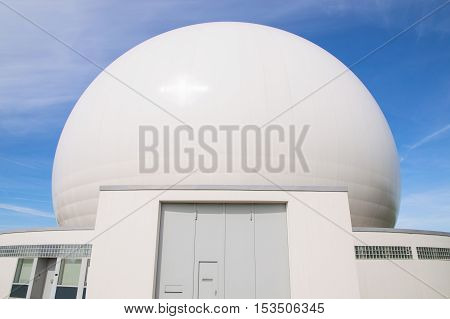 Big cupola of radiolocation terrestrial station radar antenna for radio satellite communications and telecommunication with orbital spacecrafts space observation and exploration