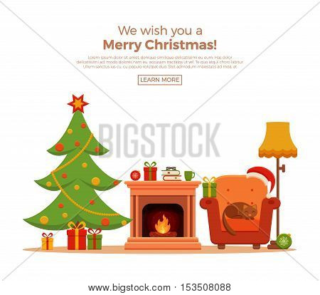 Christmas fireplace room interior in colorful cartoon flat style. Christmas tree, gifts, decoration, armchair, fireplace, santa heat. Cozy noel xmas night celebration interior vector illustration.