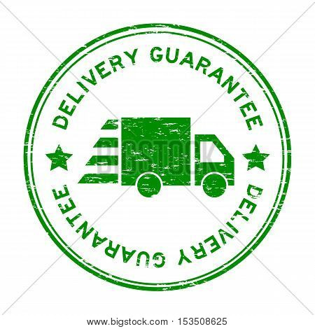Grunge green delivery guarantee with truck icon rubber stamp
