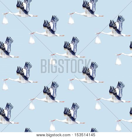 Seamless pattern.Stork with baby.Watercolor hand drawn illustration.Blue background.