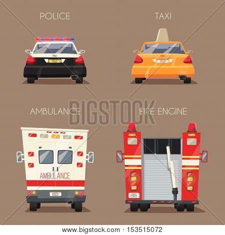 Police, Taxi, Ambulance car and Fire truck. Vector cartoon illustration. Isolated background. Service. Back view. Modern auto. Yellow cab. Security and justice. Healthcare theme Save life