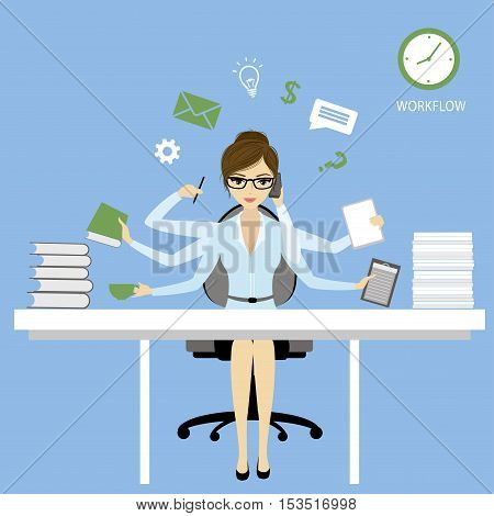 Multitasking Businesswoman or office worker sitting at the computer and fashion icons or application.Business woman shiva vector illustration concept.