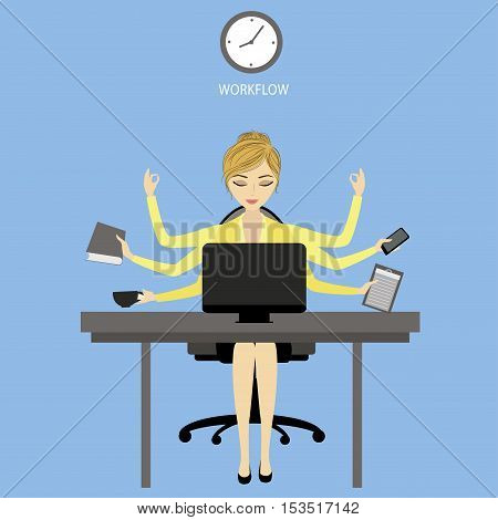 Multitasking Businesswoman or office worker sitting at the computer and fashion icons or application.Business woman shiva vector illustration concept.