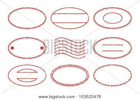 Set of red oval shape postal stamp and postmark on white background