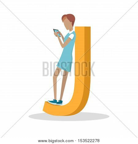 J letter and girl standing and playing on tablet isolated. Social network. Alphabet with cartoon pictures of people using modern computer technologies for communication. Flat design. ABC vector