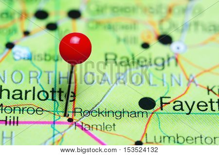 Rockingham pinned on a map of North Carolina, USA