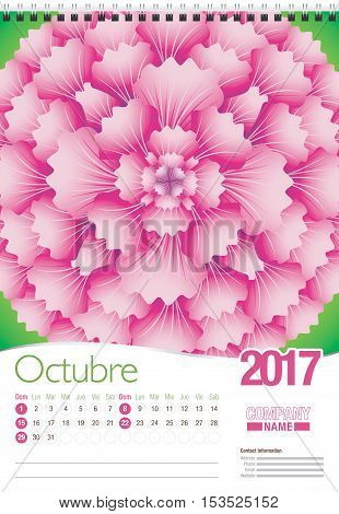 Octubre -October in Spanish language- wall calendar 2017 template with abstract floral design, ready for printing. Size: 297mm x 420mm. Format vertical. Spanish version
