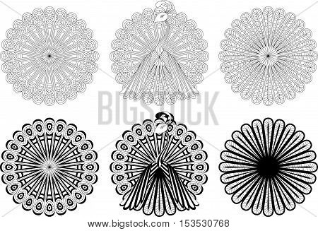 Monochrome circular ornaments with peacock motif. Vector illustration.
