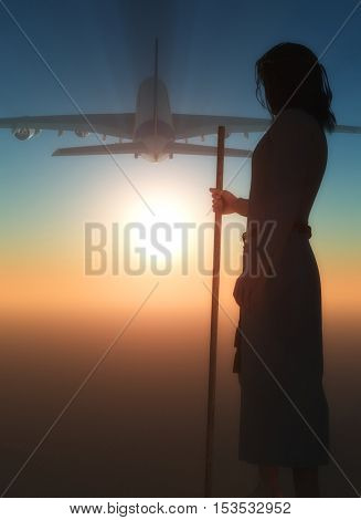 Jesus on the background of a passenger plane.3d render