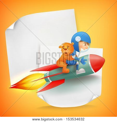 Astronaut kid riding red rocket with teddy bear. Vector concept card