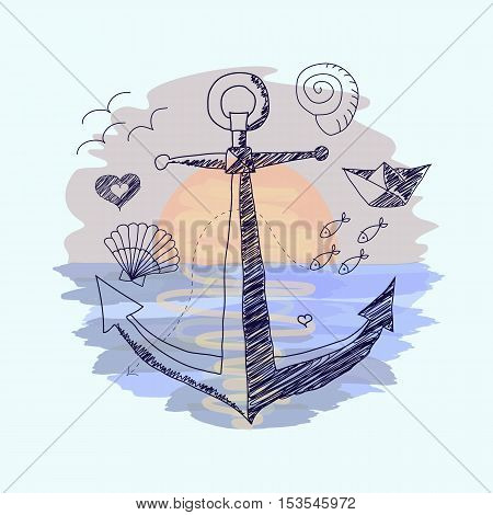 Vector illustration, which imitates ballpoint pen drawing on watercolor background on the marine theme. Anchor and other elements on the sunset background. Nostalgia of marine leisure.