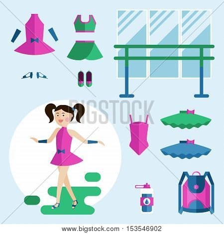 Vector illustration. Girl dancer and her clothes and shoes for classes, other equipment.