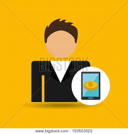 character man money digital samrtphone icon vector illustration