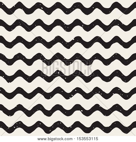 Vector Seamless Black And White Hand Drawn Horizontal Wavy Lines Grunge Pattern. Abstract Freehand Background Design
