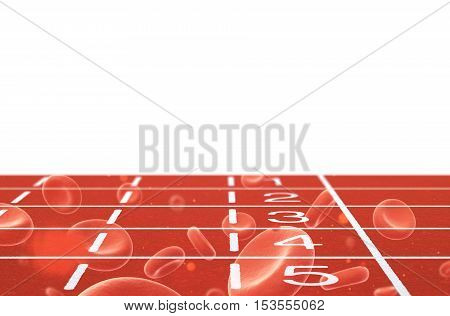 Running track with red blood cells double exposure on white background 3d illustration