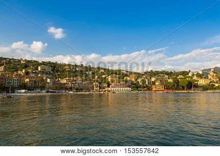 SANTA MARGHERITA LIGURE, ITALY - SEPTEMBER 2016 : Evening view of hotels restaurants houses at Tigullio Gulf of Santa Margherita Ligure, Italy on September 22, 2016.  
